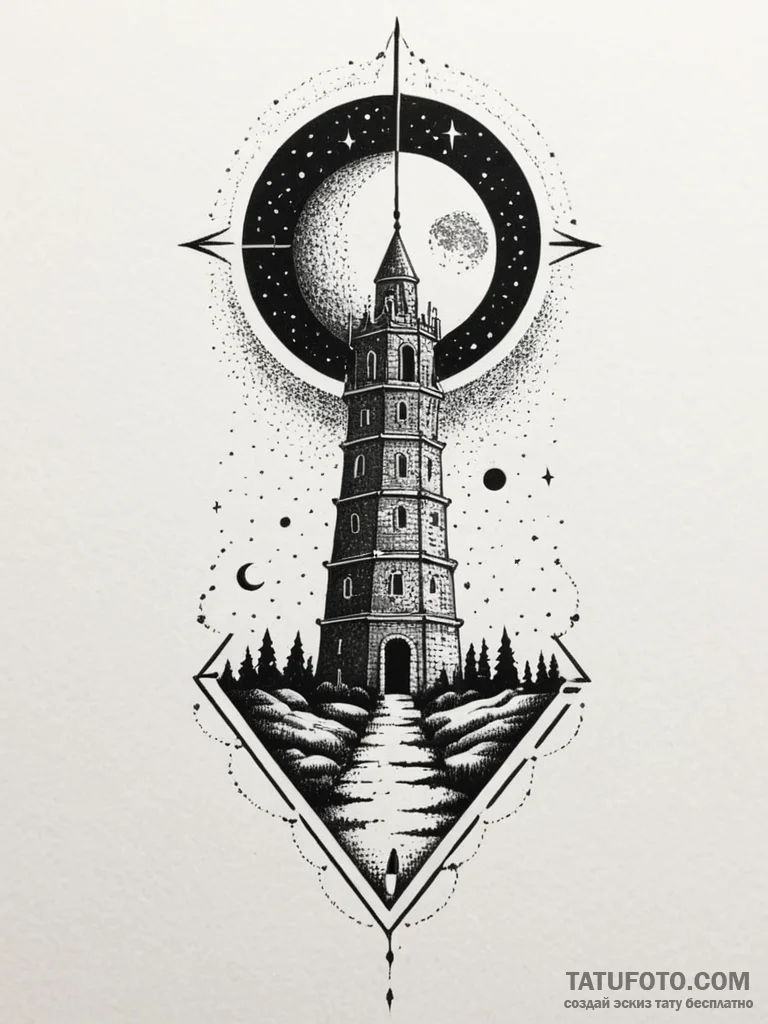 Ruined tower beneath eclipsed moon, artistic… — эскиз тату (№1752201043_0, 11.07.2025 02:30) — Tatufoto.com