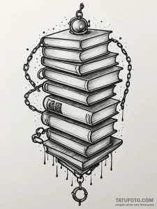 Library with floating books and chains, tatto... - эскиз тату (№1752203236_0, 11.07.2025 03:07) — Tatufoto.com