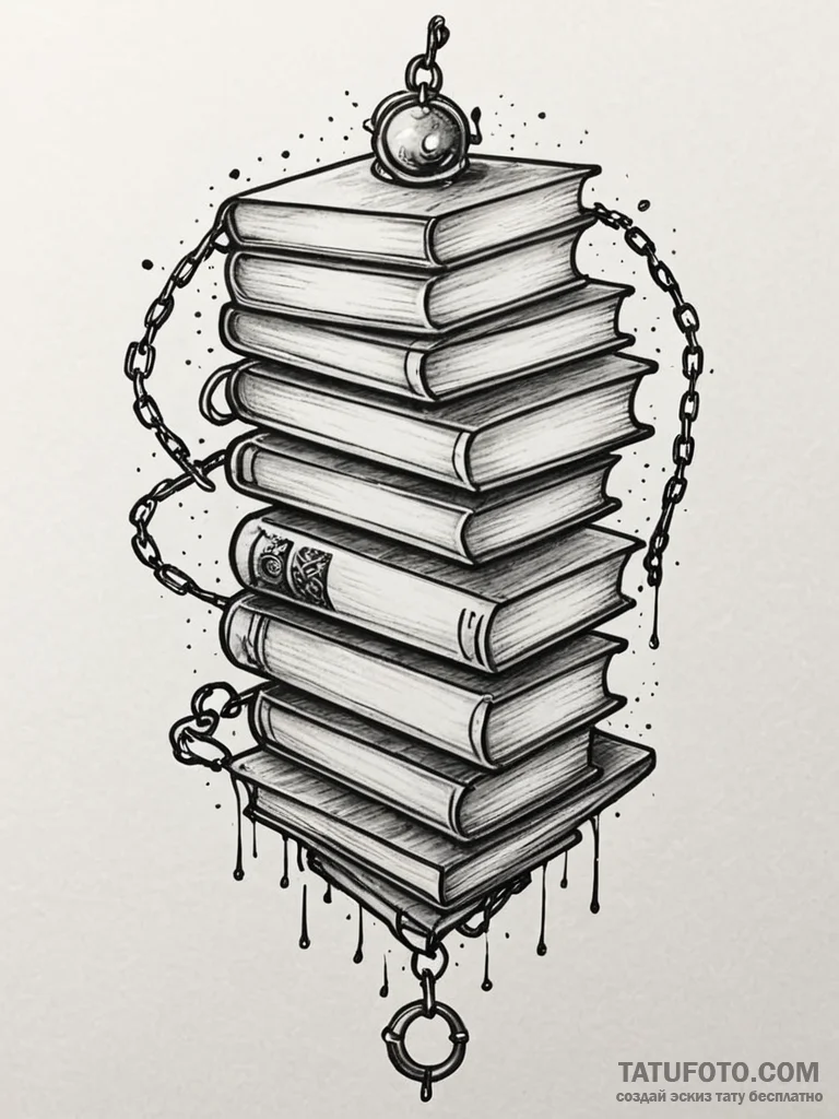 Library with floating books and chains, tatto... - эскиз тату (№1752203236_0, 11.07.2025 03:07) — Tatufoto.com