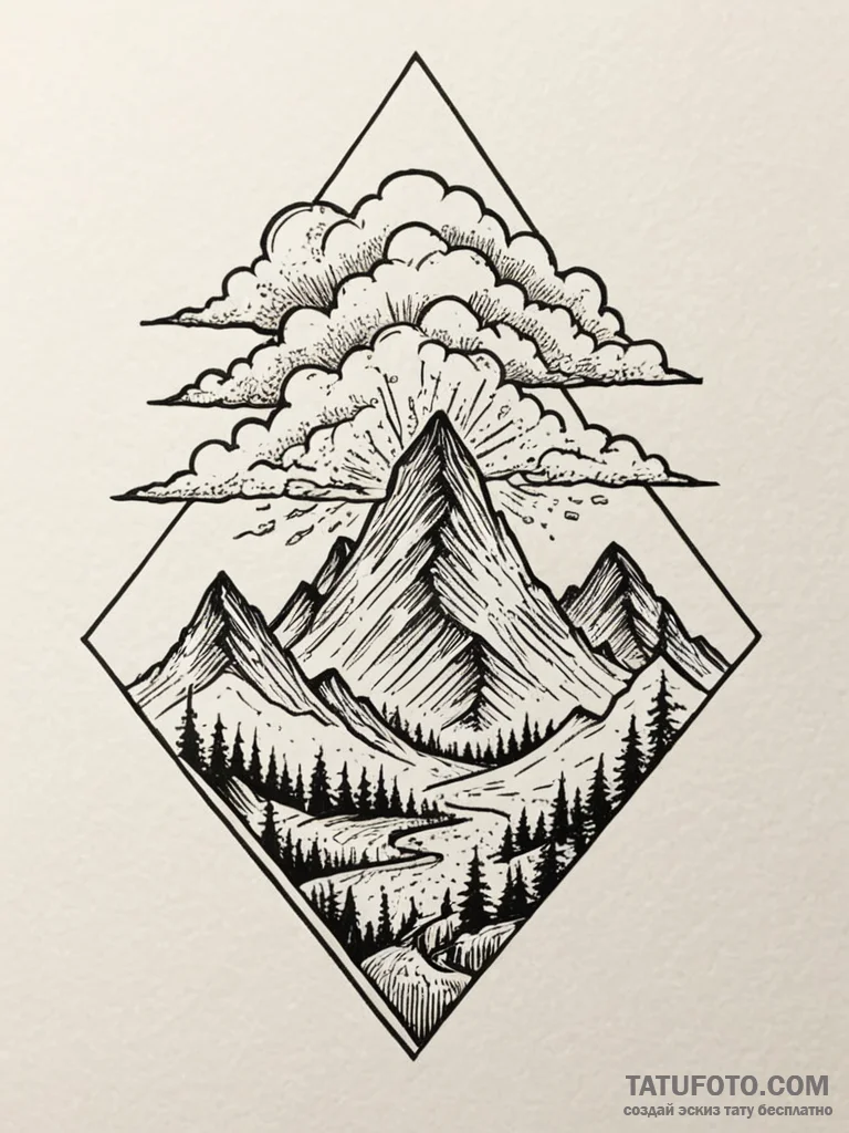 Storm clouds devouring mountain peak, tattoo... - эскиз тату (№1752203488_0, 11.07.2025 03:11) — Tatufoto.com