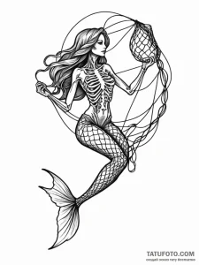 Mermaid's skeleton tangled in a fishing net,... - эскиз тату (№1752203991_0, 11.07.2025 03:19) — Tatufoto.com