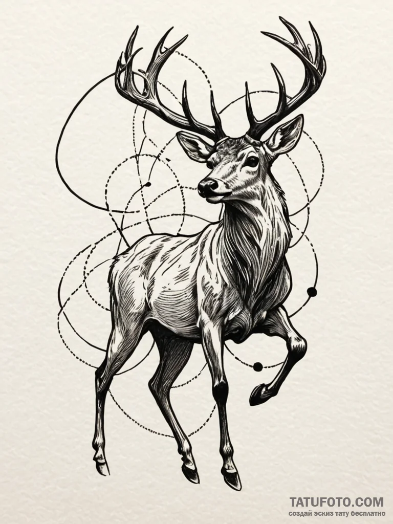 Atomic stag running through data stream, tatt... - эскиз тату (№1752205329_0, 11.07.2025 03:42) — Tatufoto.com