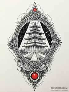 An ancient temple with neon holographic glyph... - эскиз тату (№1752205498_0, 11.07.2025 03:44) — Tatufoto.com