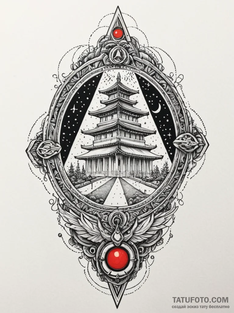 An ancient temple with neon holographic glyph... - эскиз тату (№1752205498_0, 11.07.2025 03:44) — Tatufoto.com