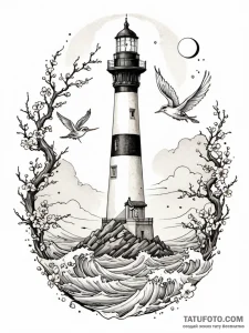 Lighthouse beacon eclipsed by wings, artistic... - эскиз тату (№1752205917_0, 11.07.2025 03:51) — Tatufoto.com