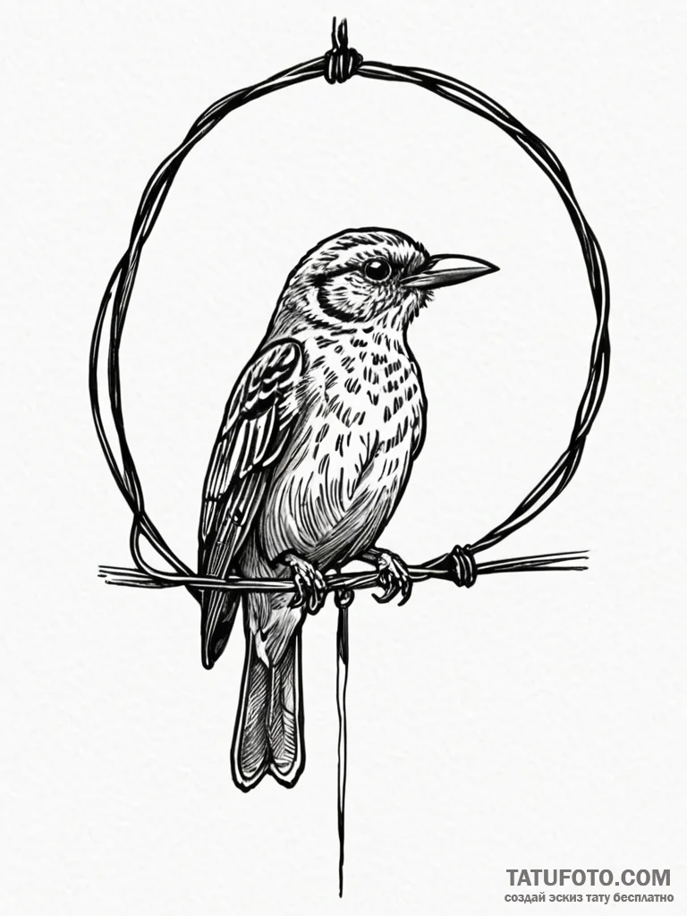 A whimsical bird on a wire, observational,, t… — эскиз тату (№1752206419_0, 11.07.2025 04:00) — Tatufoto.com