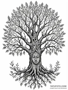 Ancient tree with faces in bark, artistic tat... - эскиз тату (№1752207510_0, 11.07.2025 04:18) — Tatufoto.com