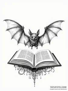 Bat wings unfurling from a closed book, conce... - эскиз тату (№1752208346_0, 11.07.2025 04:32) — Tatufoto.com