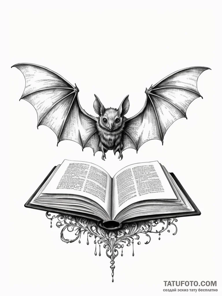 Bat wings unfurling from a closed book, conce… — эскиз тату (№1752208346_0, 11.07.2025 04:32) — Tatufoto.com