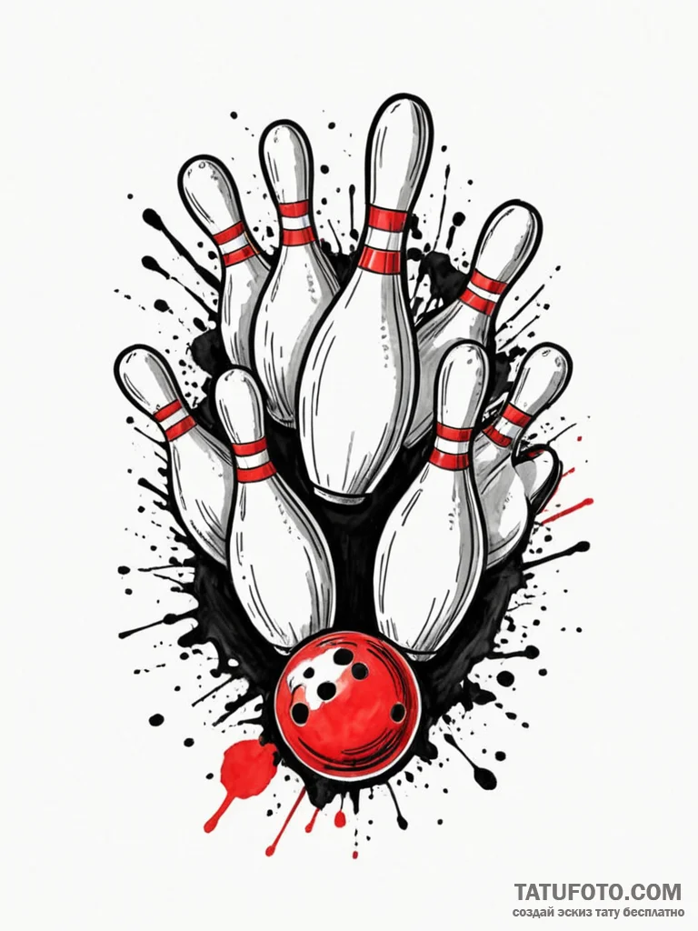 A classic bowling ball striking pins, impact,… — эскиз тату (№1752209013_0, 11.07.2025 04:43) — Tatufoto.com