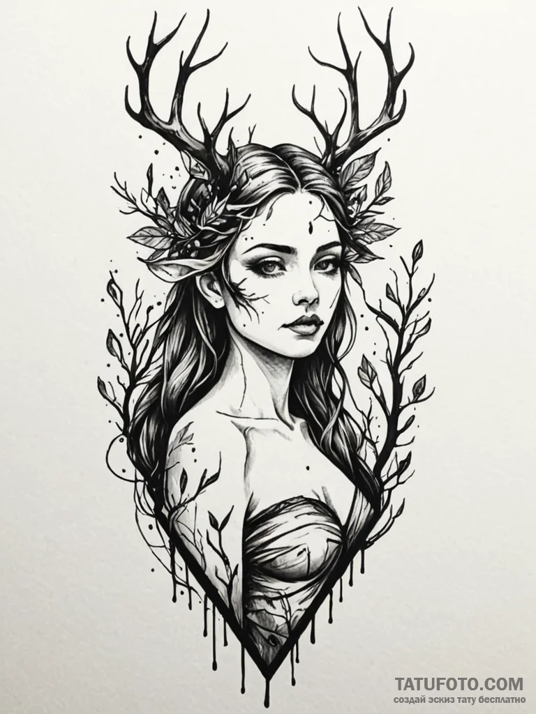 Dryad or tree nymph, tattoo drawing outline,… — эскиз тату (№1752209096_0, 11.07.2025 04:44) — Tatufoto.com
