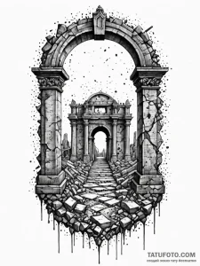 Dark gate beneath ruins, tattoo line art, dot... - эскиз тату (№1752209929_0, 11.07.2025 04:58) — Tatufoto.com