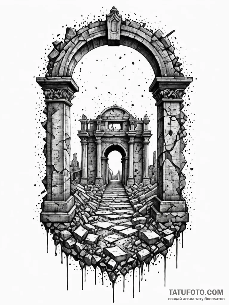 Dark gate beneath ruins, tattoo line art, dot… — эскиз тату (№1752209929_0, 11.07.2025 04:58) — Tatufoto.com