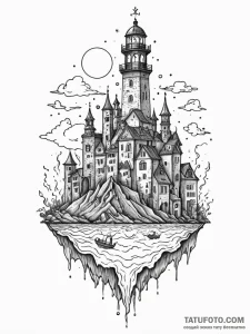 Skyline of a sunken city seen from below, tat... - эскиз тату (№1752210607_0, 11.07.2025 05:10) — Tatufoto.com