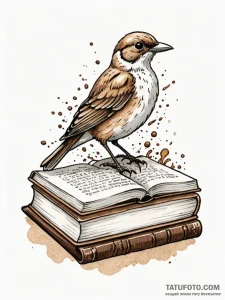 A whimsical bird perched on a book, knowledge... - эскиз тату (№1752210774_0, 11.07.2025 05:12) — Tatufoto.com