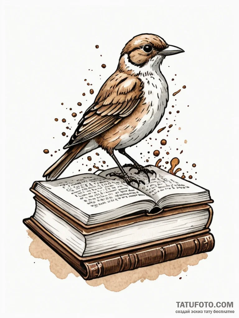 A whimsical bird perched on a book, knowledge… — эскиз тату (№1752210774_0, 11.07.2025 05:12) — Tatufoto.com