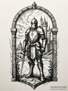 An armored knight standing guard at a castle... - эскиз тату (№1752211276_0, 11.07.2025 05:21) — Tatufoto.com