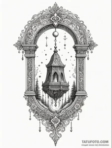 Silent bell beneath spectral arch, ink illust... - эскиз тату (№1752211529_0, 11.07.2025 05:25) — Tatufoto.com
