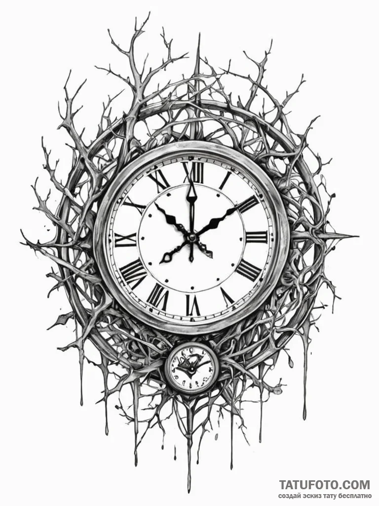 Clock trapped in web of thorns, artistic tatt… — эскиз тату (№1752213717_0, 11.07.2025 06:01) — Tatufoto.com