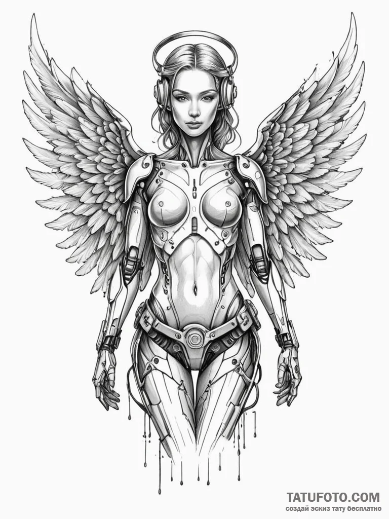 Cyborg angel with wings of steel and light, i... - эскиз тату (№1752214480_0, 11.07.2025 06:14) — Tatufoto.com
