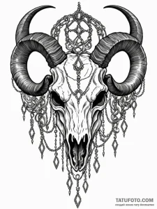 Goat skull adorned with jewels and hanging ch... - эскиз тату (№1752215158_0, 11.07.2025 06:25) — Tatufoto.com
