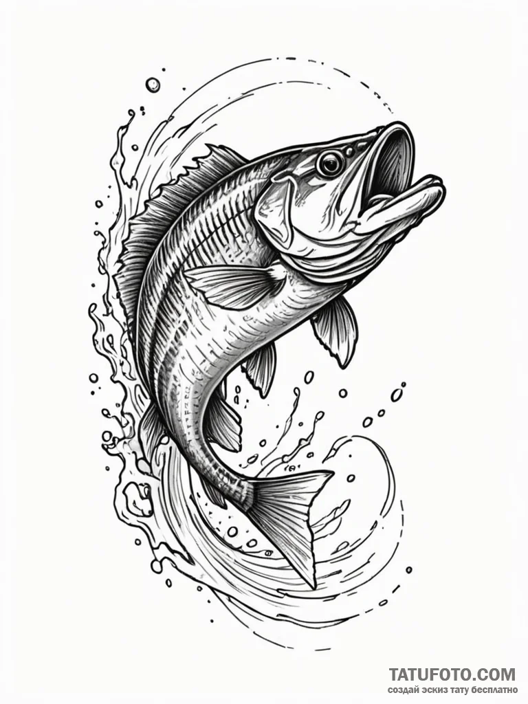 A majestic bass fish leaping from water, fish... - эскиз тату (№1752215581_0, 11.07.2025 06:33) — Tatufoto.com