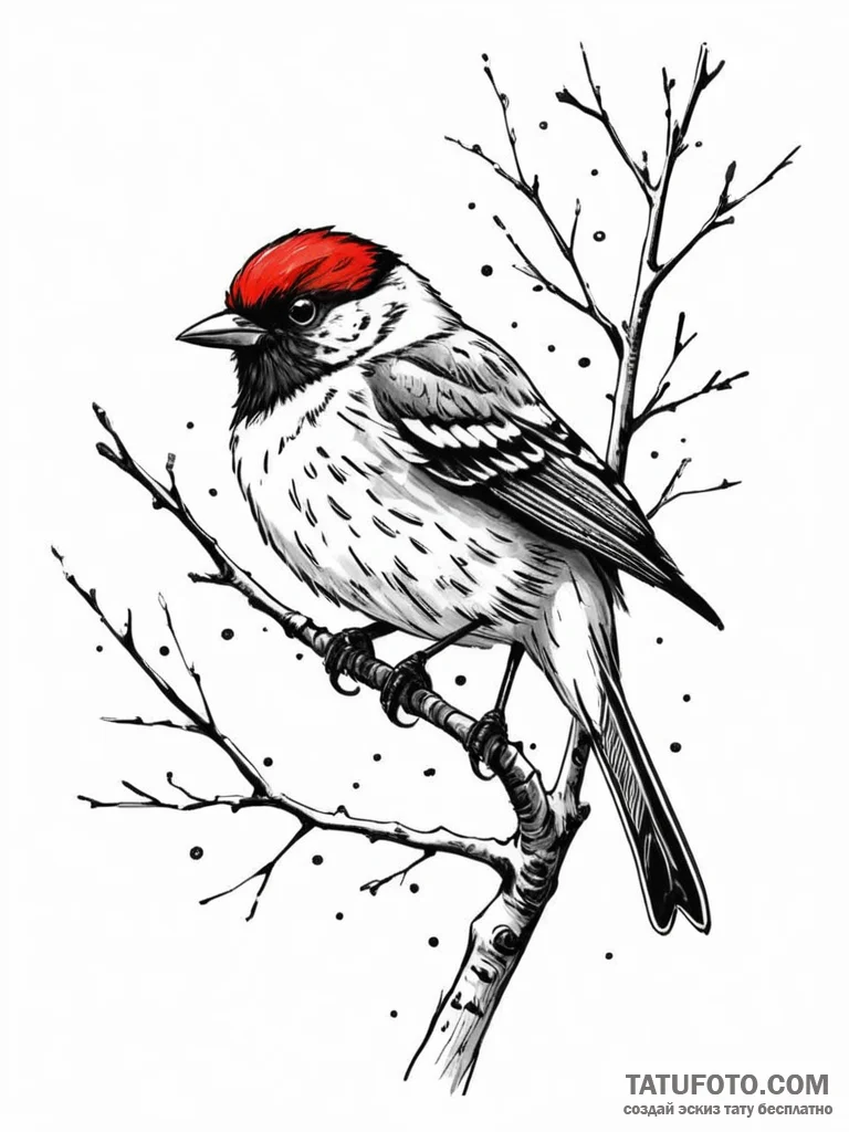 A whimsical bird on a branch with snow fallin... - эскиз тату (№1752215918_0, 11.07.2025 06:38) — Tatufoto.com