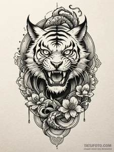 Tiger, snarling, with stripes that are actual... - эскиз тату (№1752216254_0, 11.07.2025 06:44) — Tatufoto.com