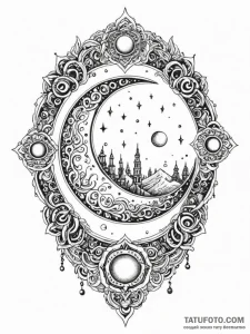 Moon seal beneath crimson gate, tattoo flash... - эскиз тату (№1752216507_0, 11.07.2025 06:48) — Tatufoto.com