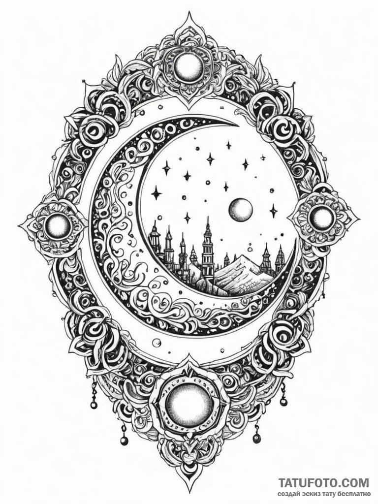 Moon seal beneath crimson gate, tattoo flash... - эскиз тату (№1752216507_0, 11.07.2025 06:48) — Tatufoto.com