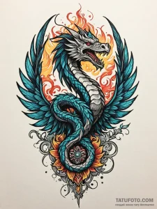 Feathered serpent through obsidian spire, ink... - эскиз тату (№1752216758_0, 11.07.2025 06:52) — Tatufoto.com