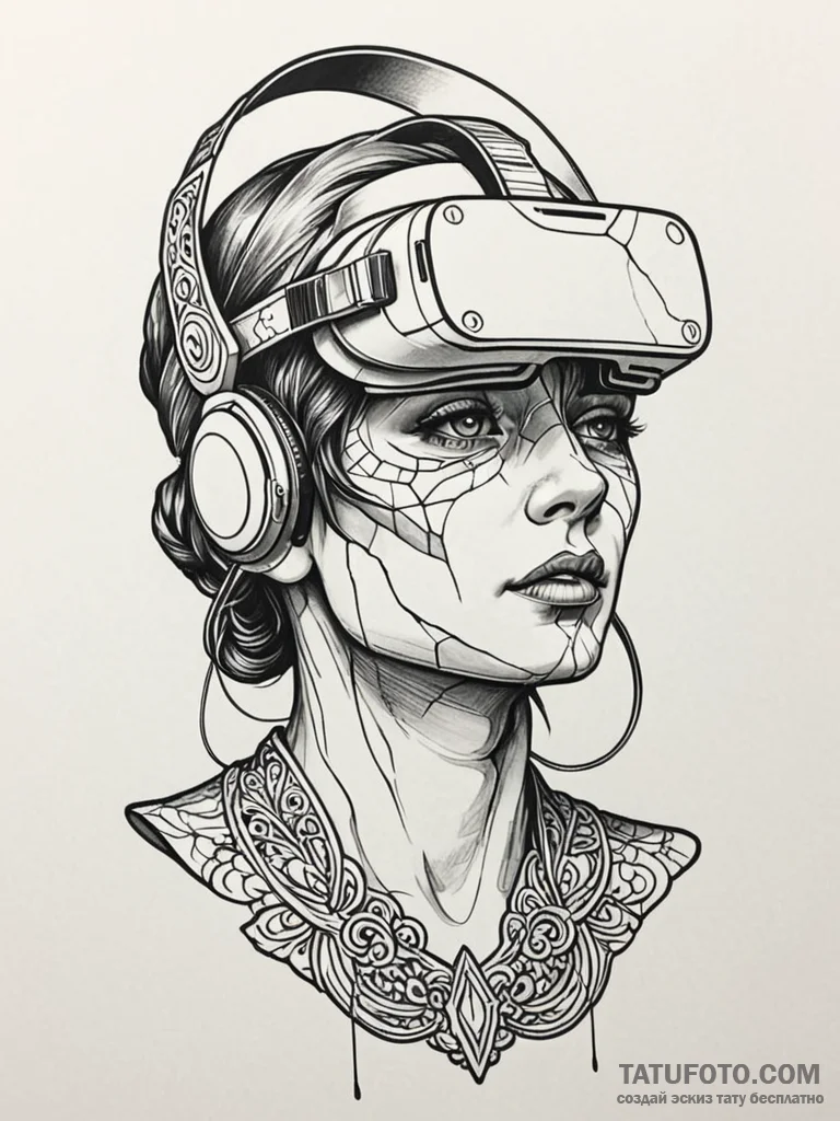 Cracked roman bust with a vr headset strapped... - эскиз тату (№1752217342_0, 11.07.2025 07:02) — Tatufoto.com