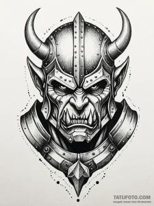 Orcish fang beneath iron helm, tattoo flash s... - эскиз тату (№1752217762_0, 11.07.2025 07:09) — Tatufoto.com