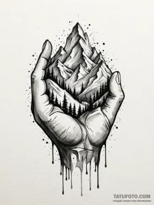 Giant's hand crushing a mountain peak, tattoo... - эскиз тату (№1752219355_0, 11.07.2025 07:35) — Tatufoto.com