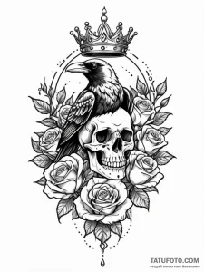 Ivory raven perched on broken crown, tattoo d... - эскиз тату (№1752219604_0, 11.07.2025 07:40) — Tatufoto.com