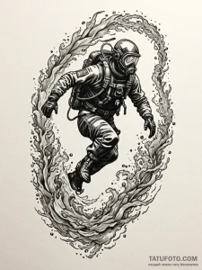 Diver descending into the abyss, pursued by a... - эскиз тату (№1752220106_0, 11.07.2025 07:48) — Tatufoto.com