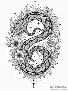 Hallowed serpent through celestial bloom, ink... - эскиз тату (№1752220526_0, 11.07.2025 07:55) — Tatufoto.com