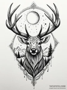 Ancient stag roaring at twin moons, tattoo sk... - эскиз тату (№1752220695_0, 11.07.2025 07:58) — Tatufoto.com