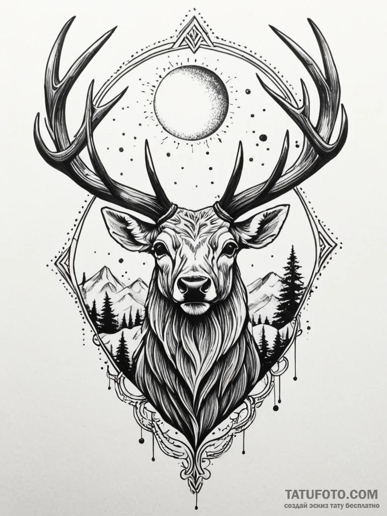 Ancient stag roaring at twin moons, tattoo sk… — эскиз тату (№1752220695_0, 11.07.2025 07:58) — Tatufoto.com