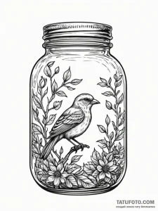 A whimsical bird in a glass jar, trapped,, ta... - эскиз тату (№1752222486_0, 11.07.2025 08:28) — Tatufoto.com