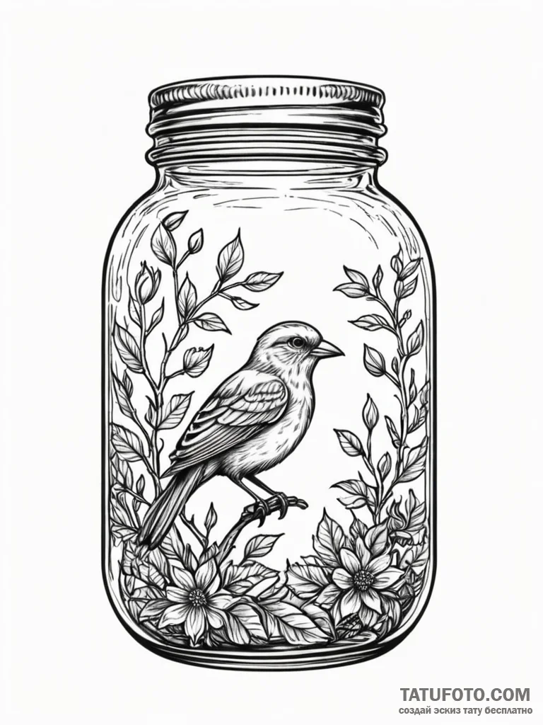 A whimsical bird in a glass jar, trapped,, ta… — эскиз тату (№1752222486_0, 11.07.2025 08:28) — Tatufoto.com
