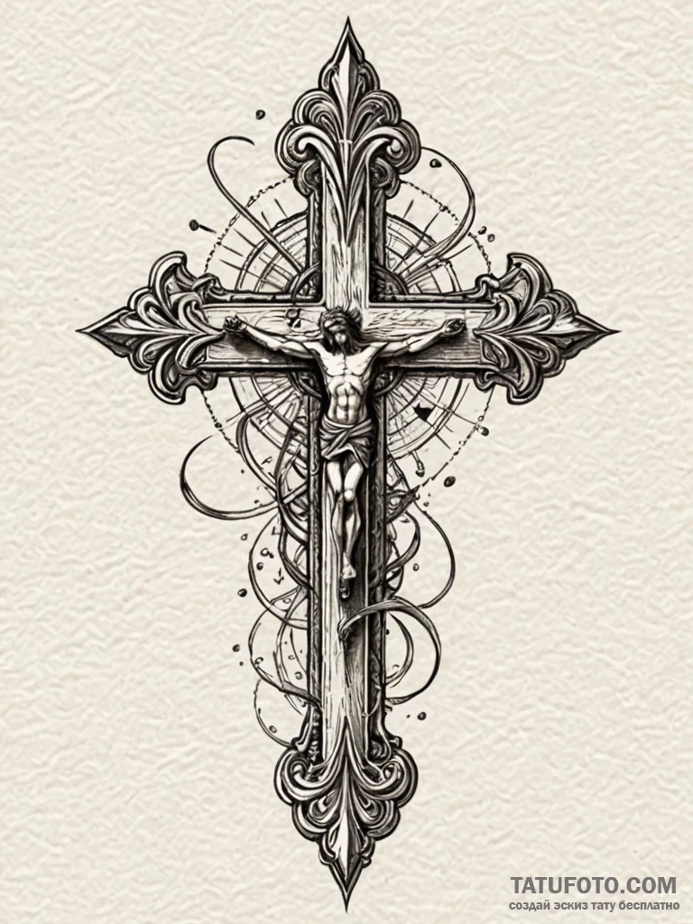 O, tattoo drawing outline, detailed cross-hat... - эскиз тату (№1752223158_0, 11.07.2025 08:39) — Tatufoto.com