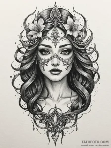 Nymph mask beneath shattered veil, tattoo ske... - эскиз тату (№1752224495_0, 11.07.2025 09:01) — Tatufoto.com
