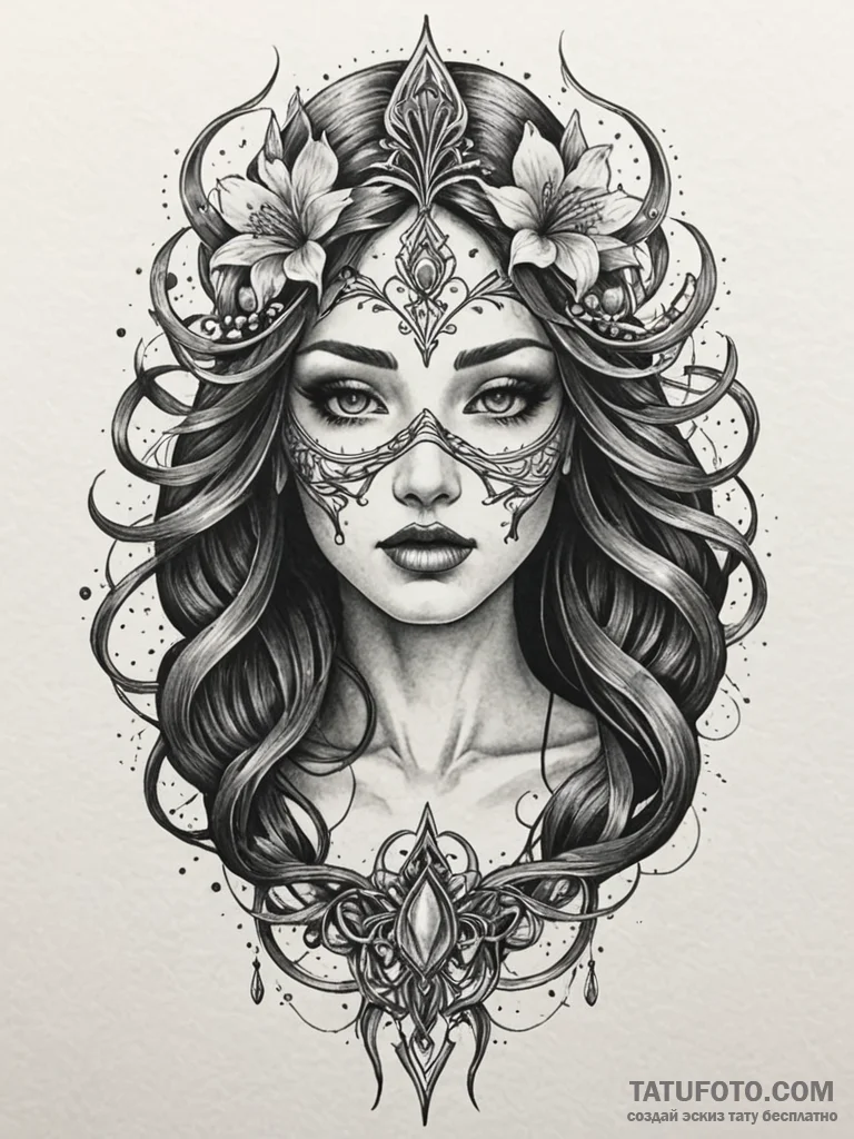 Nymph mask beneath shattered veil, tattoo ske… — эскиз тату (№1752224495_0, 11.07.2025 09:01) — Tatufoto.com