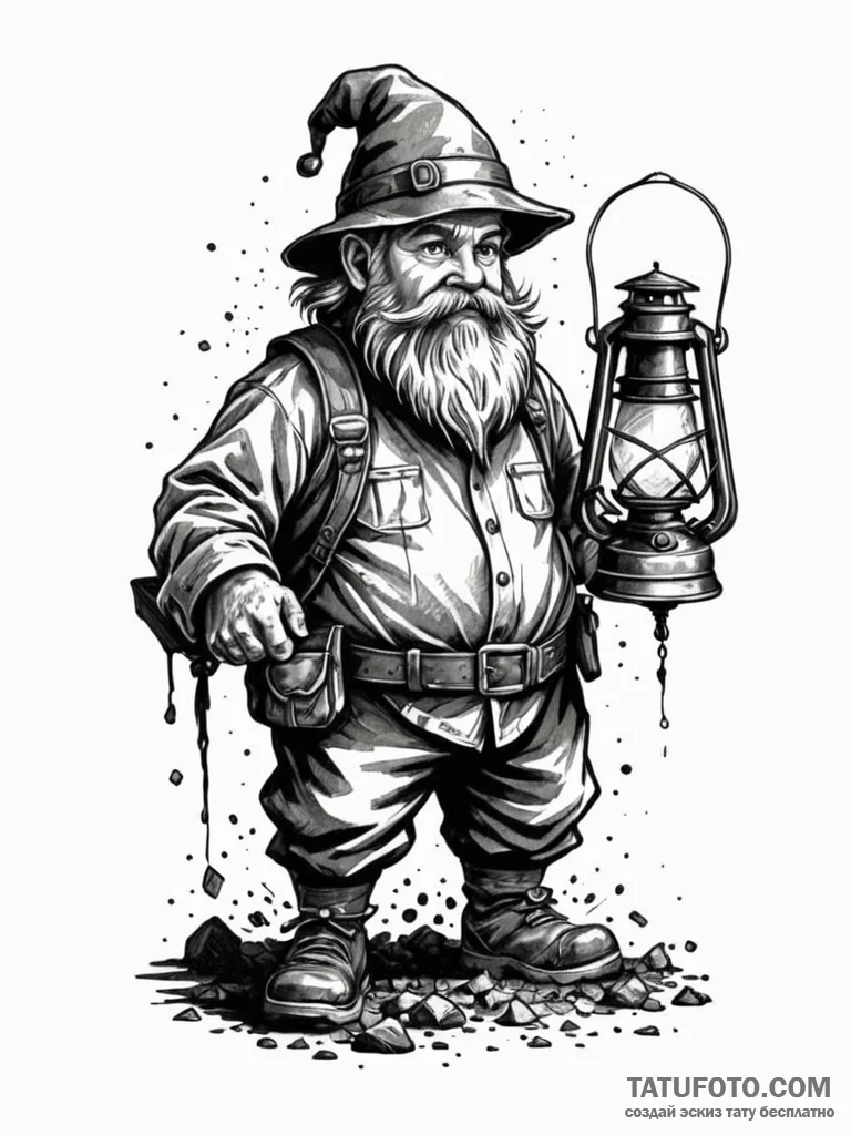 Dwarf miner with a lantern, ink illustration... - эскиз тату (№1752226517_0, 11.07.2025 09:35) — Tatufoto.com
