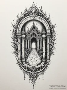 Ghost relic beneath shattered gate, tattoo sk... - эскиз тату (№1752227354_0, 11.07.2025 09:49) — Tatufoto.com