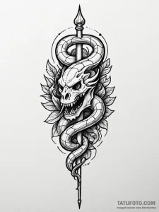 Bone staff crowned with serpent, tattoo line... - эскиз тату (№1752228446_0, 11.07.2025 10:07) — Tatufoto.com