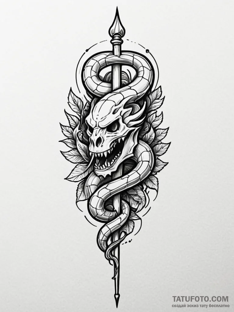 Bone staff crowned with serpent, tattoo line... - эскиз тату (№1752228446_0, 11.07.2025 10:07) — Tatufoto.com