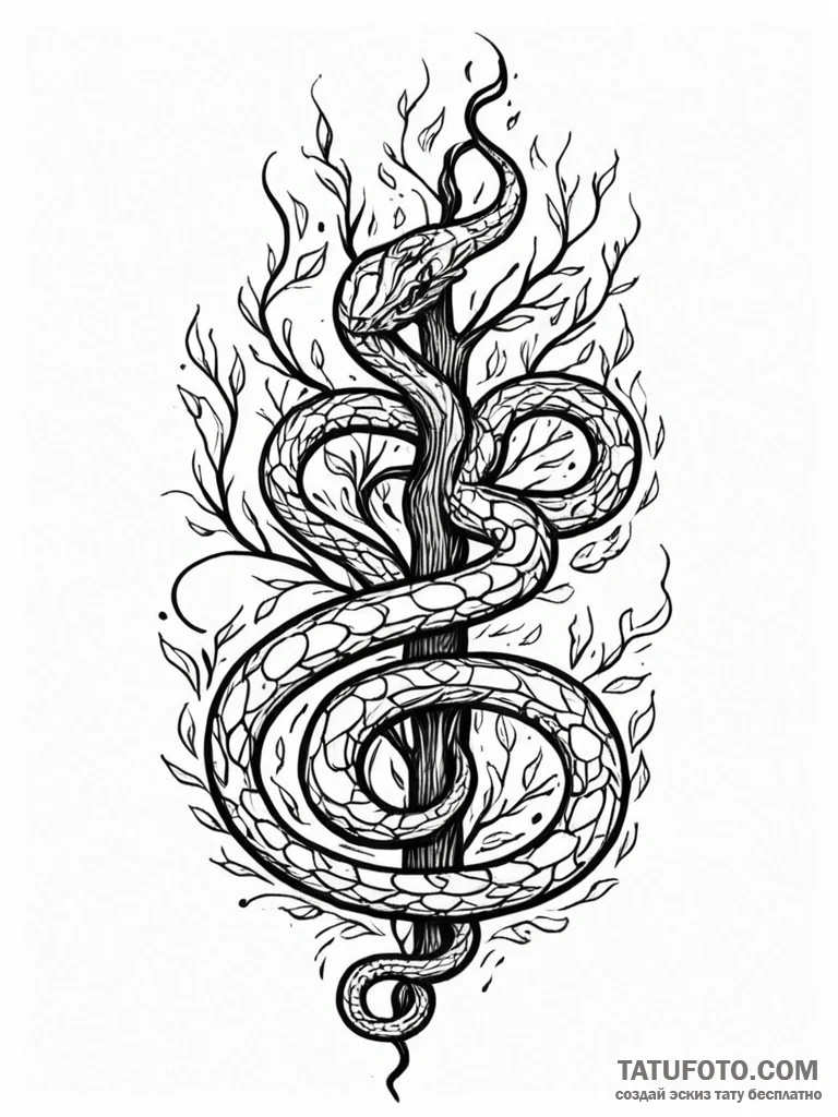 Serpent coil beneath burning tree, tattoo ske… — эскиз тату (№1752229034_0, 11.07.2025 10:17) — Tatufoto.com