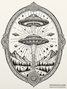 Ufo beaming up a slice of pizza, concept art... - эскиз тату (№1752231296_0, 11.07.2025 10:54) — Tatufoto.com